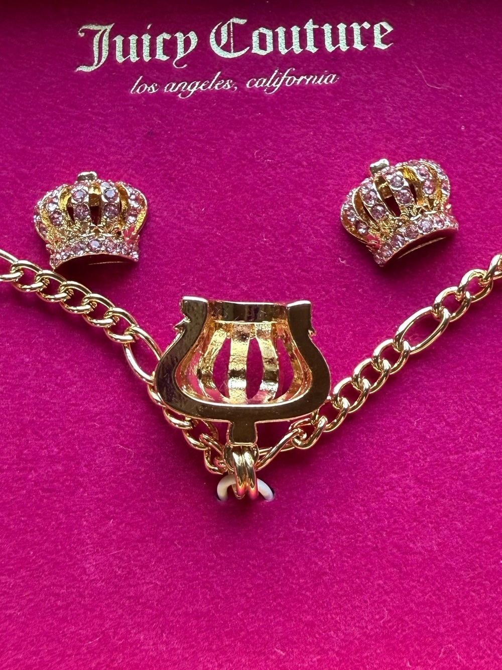Juicy Couture Gold Plated Crown Pendant Necklace and Stud Earrings Set - Picture 3 of 4